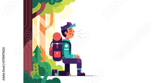 Meditative Hiker Rejuvenating After A Long Walk Amid Lush Forest And Natural Lighting