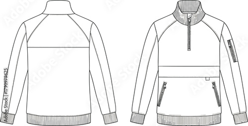 Long sleeve pullover jacket flat sketch, fashion design technical drawing, half zip collar, ribbed cuffs hem, zippered pockets, apparel illustration