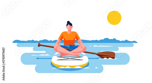 Meditative Person Paddling on Paddleboard at Night with the Moon Above