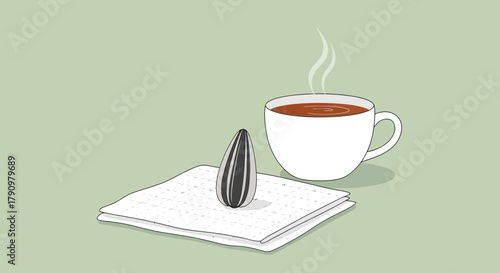 Minimalist Still Life Featuring Cup Of Beverage and Sunflower Seed Illustration