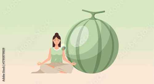 Meditative Woman Beside a Melon Symbolizing a Peaceful State of Being