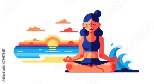 Meditative Woman Practices Yoga With Serene Sunset Over Ocean Waves and Clouds Depiction