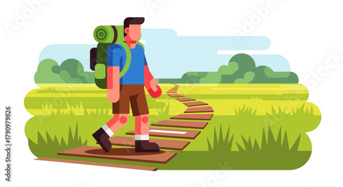 Minimalistic Illustration Of Hiker Traversing a Wood Path in a Verdant Landscape