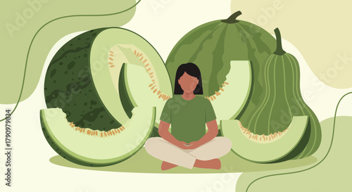 Meditative Woman Surrounded By Melons Reflecting Health and Wellness in a Peaceful Setting