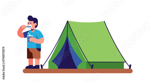 Morning Routine: Brushing Teeth at Campsite Next to the Tent, Daily Outdoor Practices