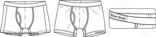 Men’s boxer briefs technical sketch, front and back view, branded waistband close-up, fashion illustration, garment design, black and white