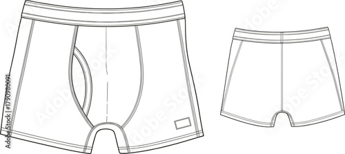 Men’s boxer briefs technical sketch, front and back view, contour pouch, seam detail, fashion illustration, garment design, black and white