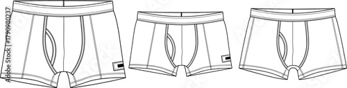 Men’s boxer briefs technical sketch, front view, contour seams, waistband detail, fashion illustration, garment design, black and white drawing
