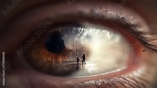 Glimpse into tomorrow: A mesmerizing human eye reveals a silhouette of life and city reflections in the pupil