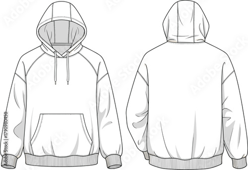 Pullover hoodie technical sketch, front and back view, kangaroo pocket, drawstring hood, fashion illustration, garment design, black and white