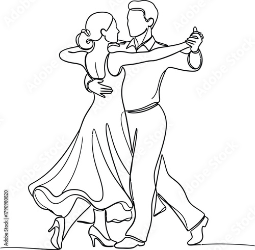 Elegant couple dancing ballroom waltz in formal attire sketch
