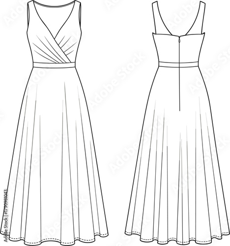 Technical fashion sketch, sleeveless V-neck dress, wrap bodice, pleated panels, flared skirt, deep V-back, zipper closure, garment illustration