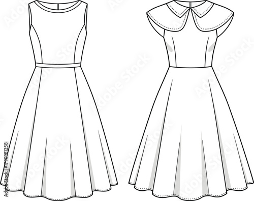 Technical fashion sketch, two dress designs, round neckline, wide collar, flared skirt, fitted bodice, garment illustration, sewing pattern template