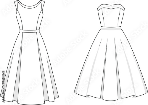 Technical fashion sketch, two dress designs, scoop neckline, sweetheart bodice, flared skirt, waistband detail, garment illustration, sewing pattern template