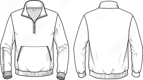 Technical flat sketch pullover sweatshirt, quarter zip collar, kangaroo pocket, ribbed cuffs, waistband, front and back view, fashion design illustration