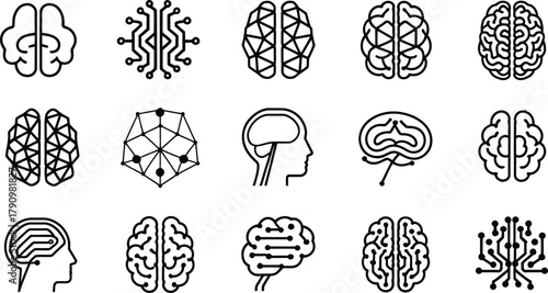 Artificial Intelligence Brain Line Icons Set,  Neural Network, Machine Learning, Digital Mind Vector Collection