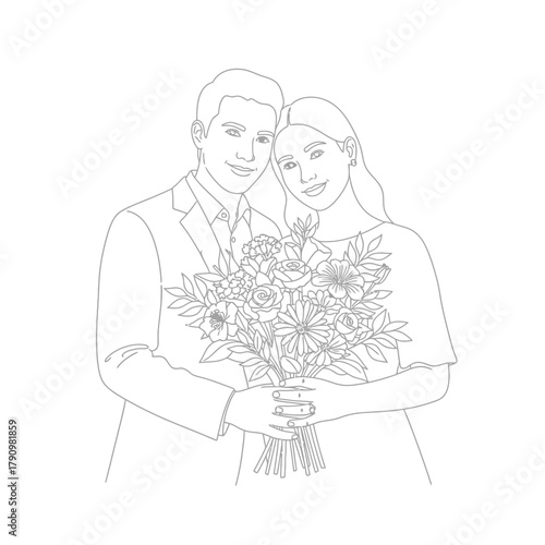 Elegant line art sketch of a newlywed couple holding a bouquet of flowers