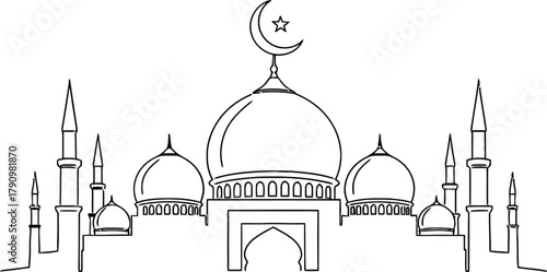 Elegant mosque outline with domes and minarets under a crescent moon and star