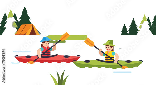 Kayaking Adventure In The Wilderness A Fun Illustration Of Recreation For Adults