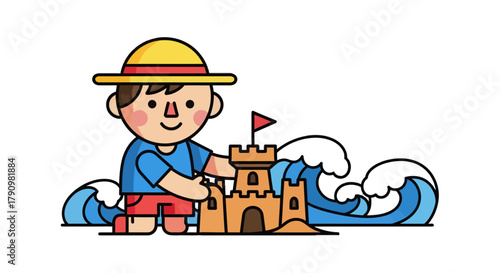 Kid Crafts A Sandcastle While Standing Near The Sea Waves and The Beach