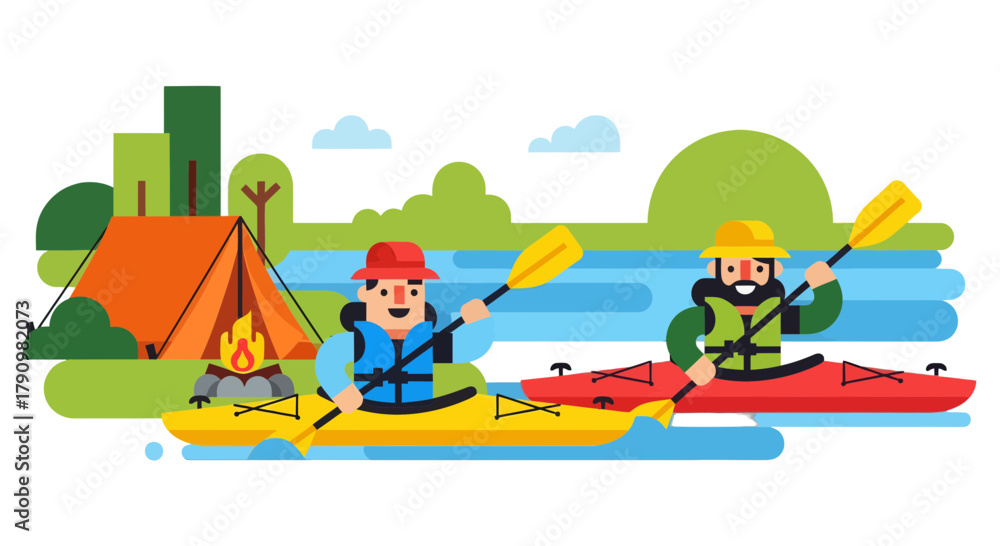 Fototapeta premium Kayak Adventure Near Campsite Featuring Two Happy Adventurers During Daylight Hours