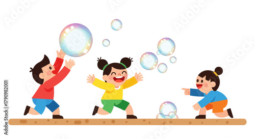 Kids Playful Enjoy Bubbles With Excitement And Laughter In Animated Illustration