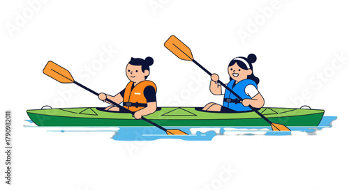 Kayak Adventure Illustrates Recreation And Teamwork In A Vibrant Graphic Style