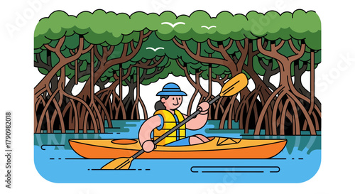 Kayak Adventure In The Mangrove Forest Illustrative Artwork With Cartoonish Style