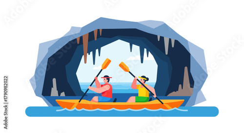 Kayak Adventure Inside Cave Showcasing Explorers Paddling Across Wavy Water