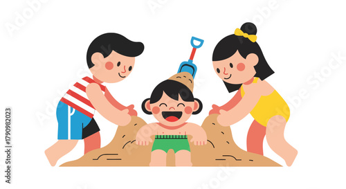 Kids Playing On Beach And Forming Sand Pit With Joyful, Carefree Faces And Smiles