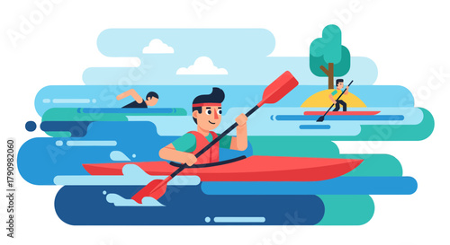 Kayak Adventure On The Open Water With Swim And Paddle Boarding Illustration