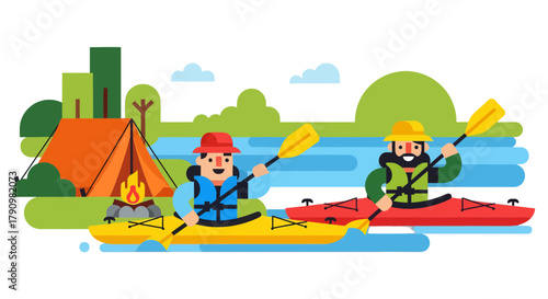Kayak Adventure Near Campsite Featuring Two Happy Adventurers During Daylight Hours