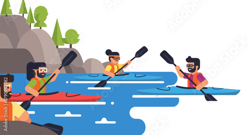 Kayak Adventure On Tranquil Waters: A Colorful Illustration Of People Enjoying Activities