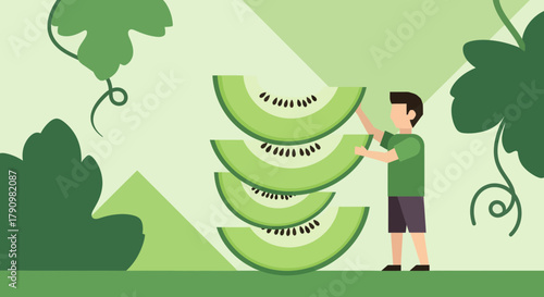 Kiwi Harvest Illustration Showing Person Stacking Sliced Fruit Against Greenish Background
