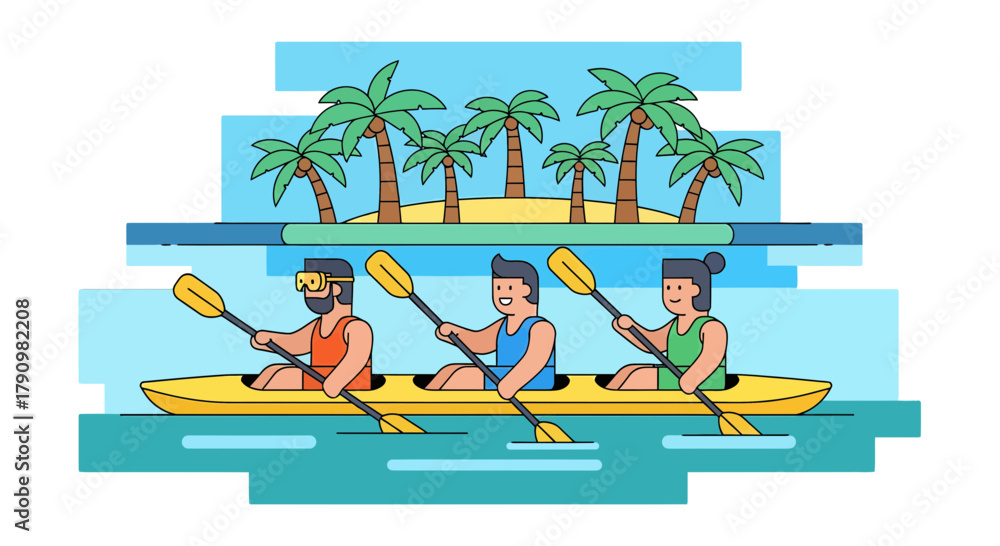 Fototapeta premium Kayak Adventure: Tropical Exploration With Palm Trees And Water Sports Enthusiasts