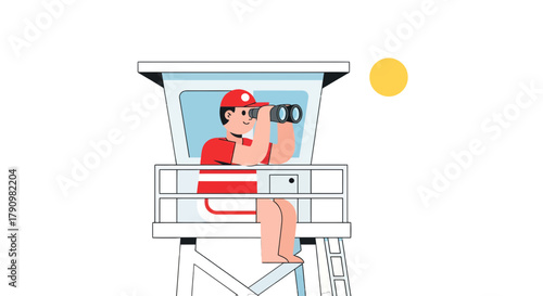Lifeguard Observing Through Binoculars, A Sunny Day Of Surveillance, Illustration