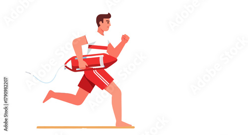 Lifeguard Sprinting Across A Shoreline, With A Rescue Buoy, Flat Illustration