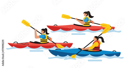 Kayak Adventure: Three Women Enjoying Water Sports On A Dark Background Adventure