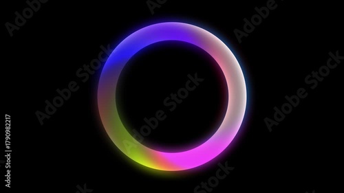 Bright futuristic neon circle spinning and rotating on black. Abstract energy motion, glowing ring light in space. Science, future technology, and virtual reality. Sci-fi and tech visuals. 4k loop