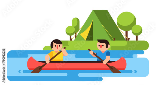 Kayak Adventure: Two Friends Enjoying a Camping Trip on a Scenic River