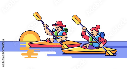 Kayak Adventure Under Sunset: A Vibrant Illustration of Outdoor Water Recreation