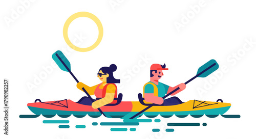 Kayak Adventure Under The Sun: Illustrative Scene Of Couple Kayaking On Water Together