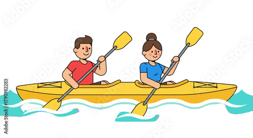 Kayak Adventure With Couple Paddling Together Vector Illustration on Black Background