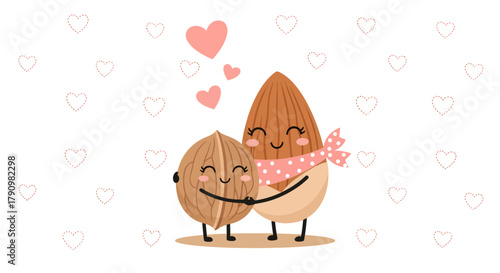 Lovely Nutty Couple Embracing Each Other, Surrounded by Cute Hearts and Demonstrating Affection