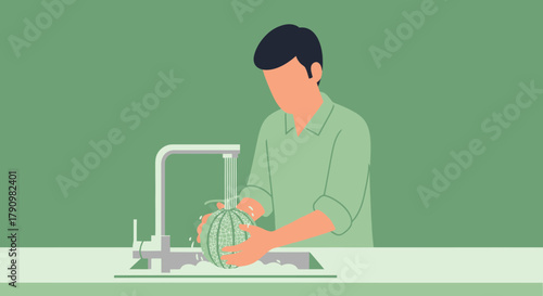 Man Carefully Washing A Fresh Cantaloupe Under Running Water In A Kitchen Environment