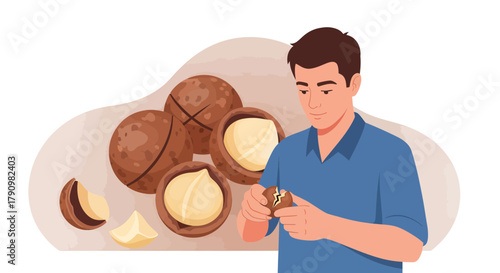 Man Cracking Macadamia Nuts Freshly Harvested in Beautiful Artistic Illustration Display