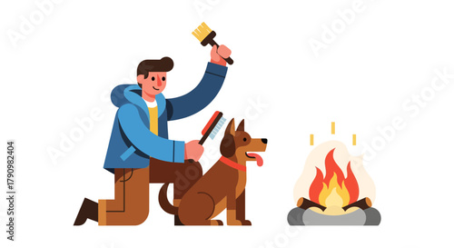 Man Brushing Dog Beside Campfire Illustration Depicting Concepts of Comfort And Companionship
