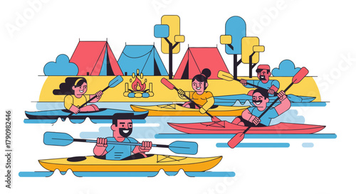 Kayak Adventures: Group Paddling, Camping Trip Illustration, Outdoor Fun and Adventure