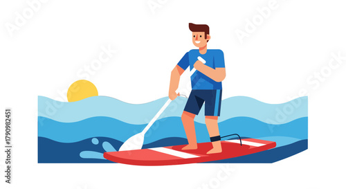 Man Enjoying Stand Up Paddleboarding Recreation Near the Sunset in the Summer Sky