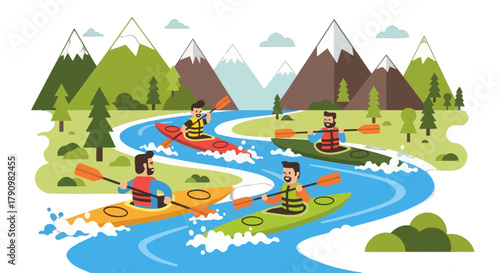 Kayak Adventures: River Journey Through Mountains Depicting Recreational Outdoor Activities